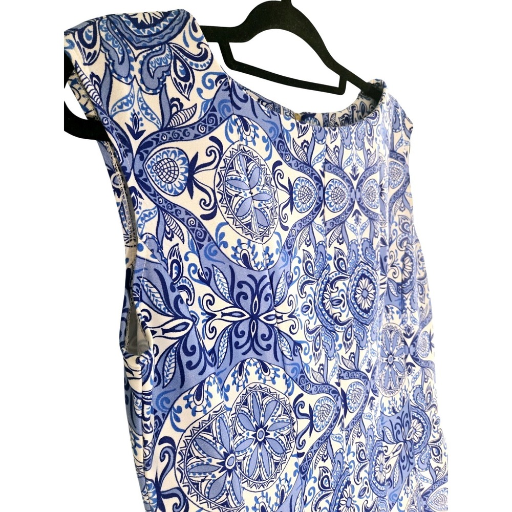 Zarr Collection‎ Women Blue White Damask Paisley Medallion Fit Flare Dress 14